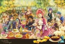 4girls 6+boys alcohol animal_ears apron bangle banjo bare_shoulders beo_(pixiv_fantasia) bird black_hair blonde_hair blue_eyes blue_hair borrowed_character bow bracelet bread breasts brown_hair chair chicheria_(pixiv_fantasia) cleavage closed_eyes copyright_name cup curly_hair dark-skinned_male dark_skin dishes dress drink drinking earrings eating elbows_on_table eyebrows eyepatch fairy fairy_wings fantasy feather-trimmed_sleeves feather_trim firze_(pixiv_fantasia) food forked_eyebrows frilled_apron frills furry green_eyes grey_hair hair_ribbon heterochromia holding holding_spoon holding_tray instrument jewelry kamoda_kamo licorice_(pixiv_fantasia) long_hair mini_person minigirl mole mole_under_eye mouth_hold multiple_boys multiple_earrings multiple_girls music necklace nia_(pixiv_fantasia) off-shoulder_dress off_shoulder one_eye_closed ooya_(pixiv_fantasia) open_mouth pixiv_fantasia pixiv_fantasia_sword_regalia playing_instrument pointy_ears ponytail puffy_short_sleeves puffy_sleeves purple_eyes purple_hair r-riru_(pixiv_fantasia) ras_(pixiv_fantasia) red_eyes red_hair ribbon ring round_table scar scar_across_eye scar_on_face serini_(pixiv_fantasia) short_hair short_sleeves sitting slice_of_life smile snake soup spoon standing steam striped_clothes striped_dress stud_earrings table tablecloth thighhighs tray utensil_in_mouth vertical-striped_clothes vertical-striped_dress very_long_hair very_short_hair vest violin waist_apron waiter waitress wings wrist_cuffs yellow_eyes