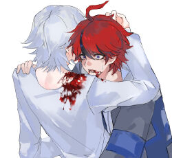 2boys ahoge aotsuki_eito black_streaks blood blood_in_mouth blood_on_clothes blood_on_face blue_eyes blue_jacket chinese_commentary grey_hair grey_jacket hand_on_another&#039;s_head hand_on_another&#039;s_shoulder highres hood hoodie injury jacket jacket_over_hoodie looking_ahead male_focus multicolored_hair multicolored_jacket multiple_boys red_hair short_hair simple_background streaked_hair sumino_takumi sweatdrop the_hundred_line_-last_defense_academy- two-tone_jacket white_background wide-eyed xueyu80269