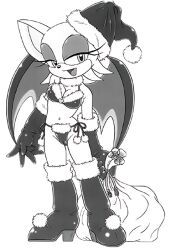 1girl bikini boots christmas christmas_bag comic furry furry_bomb furry_bomb_factory gloves hat karate_akabon long_glove mitsuharu_takura monochrome rouge_the_bat sack santa_bag santa_bikini santa_bra santa_costume santa_hat sega solo sonic_(series) straight_hair swimsuit tagme underwear wings