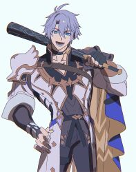 Rule 34 | 1boy, :d, absurdres, antenna hair, armor, baseball bat, black choker, black gloves, black pants, black shirt, blue cape, blue eyes, cape, choker, coat, commentary request, cowboy shot, ddd zkzk, fingerless gloves, gloves, highres, holding, holding baseball bat, honkai: star rail, honkai (series), male focus, neck tattoo, open mouth, pants, parted bangs, pauldrons, phainon (honkai: star rail), shirt, short hair, shoulder armor, simple background, single glove, single pauldron, smile, solo, sun symbol, sun tattoo, tan, tattoo, thigh strap, white background, white coat, white hair