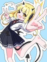 1girl absurdres barefoot black_horns black_ribbon black_tail black_wings blonde_hair blue_archive blue_background blush demon_girl demon_horns demon_tail demon_wings dress hair_ribbon halo highres horns ibuki_(blue_archive) lee0fld long_hair long_sleeves low_wings one_eye_closed open_mouth pinafore_dress red_ribbon ribbon sleeveless sleeveless_dress smile solo star_(symbol) tail v wings yellow_eyes yellow_halo