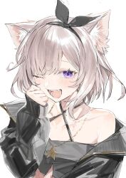 1girl animal_ears black_hairband black_jacket blush bow_hairband cat_ears commentary_request fangs grey_hair hairband highres jacket jewelry looking_at_viewer necklace neo-porte one_eye_closed open_clothes open_jacket open_mouth purple_eyes simple_background skyn_blue solo teeth upper_body virtual_youtuber white_background yozuna_niu