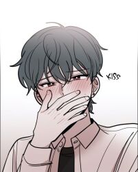 Rule 34 | 1boy, artist request, black shirt, blush, grey hair, hajin yoo, jacket, manga illustration, red eyes, shirt, source request, vampire heart, white jacket