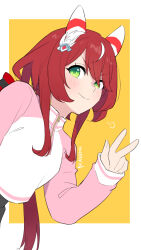 Rule 34 | 1girl, alternate costume, animal ears, artist name, border, bow, closed mouth, commentary request, cropped jacket, ear covers, ear ornament, green eyes, hair between eyes, horse ears, horse girl, jacket, long hair, long sleeves, mukakin, multicolored hair, outside border, pink jacket, red hair, sidelocks, smile, solo, streaked hair, umamusume, upper body, w, white border, white hair, win variation (umamusume), yellow background
