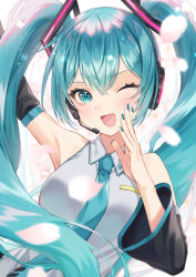 Rule 34 | 1girl, aqua eyes, aqua hair, aqua nails, aqua necktie, arm up, armpits, blush, breasts, detached sleeves, hair between eyes, hair ornament, hatsune miku, headphones, highres, kirisita, long sleeves, looking at viewer, medium breasts, miku day, necktie, one eye closed, open mouth, shirt, simple background, sleeveless, sleeveless shirt, smile, solo, twintails, vocaloid, white background, white shirt, wide sleeves