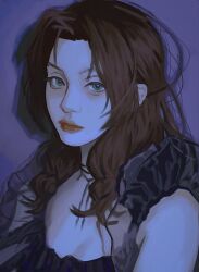 1girl aegyo_sal aerith_gainsborough alternate_costume black_dress closed_mouth dress final_fantasy final_fantasy_vii final_fantasy_vii_remake frilled_dress frills green_eyes highres jeseni looking_at_viewer medium_hair portrait purple_background red_lips shadow simple_background solo upper_body