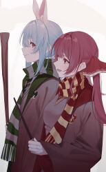 2girls absurdres alternate_costume animal_ears blue_hair broom closed_mouth green_scarf grey_scarf gryffindor hair_ribbon harry_potter_(series) highres holding holding_broom holding_wand hololive houshou_marine long_hair multicolored_scarf multiple_girls open_mouth rabbit-shaped_pupils rabbit_ears rabbit_girl red_eyes red_hair red_ribbon red_scarf ribbon scarf slytherin symbol-shaped_pupils twintails usada_pekora virtual_youtuber wand wizarding_world yellow_eyes yellow_scarf yuki_hare1130