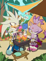 2girls 4boys absurdres amy_rose blaze_the_cat bowl cooking cup drinking fire flying food forehead_jewel furry furry_female furry_male highres holding holding_cup holding_tongs knuckles_the_echidna miijiu mug multiple_boys multiple_girls one_eye_closed outdoors plate shoes silver_the_hedgehog sitting sonic_(series) sonic_the_hedgehog standing tail tails_(sonic) telekinesis tent tongs tree yellow_eyes