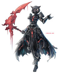 Rule 34 | 1girl, absurdres, animal ears, arm armor, armor, black cape, black hair, cape, cat ears, commentary, commission, double-parted bangs, english commentary, franlol, full body, hair between eyes, hand up, highres, holding, holding scythe, looking at viewer, mask, mouth mask, original, scythe, short hair, shoulder armor, simple background, solo, standing, white background
