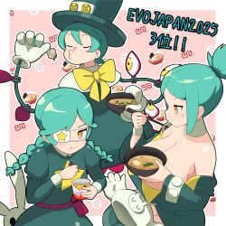 2025 3girls alternate_color annie_(skullgirls) belt_pouch blush blush_stickers bow bowl bowtie braid breasts cerebella_(skullgirls) chopsticks closed_eyes cup_ramen cyborg dress eating eyepatch food green_hair hat juliet_sleeves large_breasts long_hair long_sleeves multiple_girls noodles peacock_(skullgirls) pink_background ponytail pouch puffy_sleeves pursed_lips ramen sagan_(skullgirls) short_dress short_hair sio_onigiri_umai skullgirls smile top_hat twin_braids unworn_hat unworn_headwear upper_body vice-versa_(skullgirls) yellow_eyes
