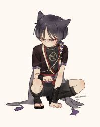 1boy animal_ears armor between_legs black_bodysuit black_kimono black_leggings black_sandals black_shorts blunt_ends bodysuit cat_boy cat_ears clenched_hands closed_mouth eyeliner eyeshadow furisode genshin_impact gold grey_sleeves han&#039;eri hand_between_legs hand_up highres japanese_armor japanese_clothes jewelry kimono kote kurokote layered_kimono layered_sleeves leggings looking_to_the_side makeup male_focus mandarin_collar miemiebei mitsudomoe_(shape) neck_ring o-ring open_clothes open_kimono purple_eyes purple_rope purple_sash purple_sleeves red_eyeliner red_eyeshadow red_kimono red_sash rope sandals sash scaramouche_(genshin_impact) shimenawa short_sleeves shorts slit_pupils solo squatting squinting tassel toeless_legwear toes tomoe_(symbol) tsurime twitter_username white_background white_kimono white_rope wispy_bangs zouri
