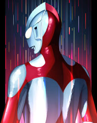 1boy alien back blue_background colored_skin commentary compound_eyes dorsal_fin from_behind glowing glowing_eyes highres male_focus motion_lines multicolored_skin pillarboxed red_skin shin_ultraman silver_skin solo speed_lines standing tokusatsu tsuburaya_productions ultra_series ultraman ultraman_(shin) upper_body white_eyes ylong