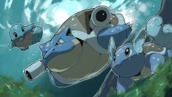 animal_focus blacknirrow blastoise brown_eyes cannon closed_mouth evolutionary_line fangs gen_1_pokemon highres nintendo no_humans nostrils open_mouth outline pokemon pokemon_(creature) pokemon_focus smile squirtle swimming underwater v-shaped_eyes wartortle white_outline