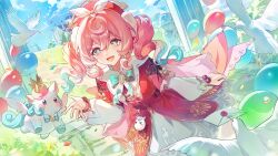 1girl absurdres aqua_bow aqua_bowtie aqua_hair bird blue_sky bow bowtie capelet cloud commentary dasha drill_hair floating_hair gradient_hair hashtag-only_commentary highres honkai:_star_rail honkai_(series) hyacine_(honkai:_star_rail) little_ica_(honkai:_star_rail) long_sleeves looking_at_viewer medium_hair multicolored_hair open_mouth outdoors pigeon pink_capelet pink_hair sky smile twin_drills twintails