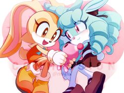 2girls animal_ears anya_the_rabbit blue_fur blue_hair brown_dress brown_eyes chao_(sonic) cream_the_rabbit dress furry furry_female gloves highres looking_at_another miijiu multiple_girls orange_dress orange_shoes original pantyhose pink_eyes rabbit_ears rabbit_girl ringlets shoes sonic_(series) white_gloves white_pantyhose