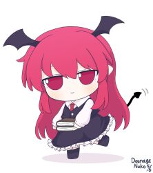 1girl artist_name bat_wings black_shoes black_skirt black_vest black_wings chibi chibi_only collared_shirt commentary_request dated demon_tail dounaga_nuko eyebrows_hidden_by_hair frilled_skirt frills full_body fumo_(doll) hair_between_eyes head_wings koakuma light_blush long_hair long_sleeves looking_at_viewer motion_lines necktie no_nose pointy_ears red_eyes red_hair red_necktie shirt shoes sidelocks simple_background skirt smile solo standing standing_on_one_leg tail tail_wagging touhou very_long_hair vest white_background white_shirt wings