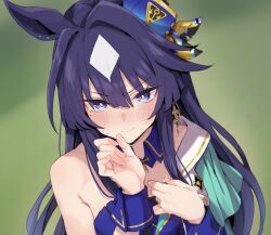 Rule 34 | 1girl, animal ears, blue eyes, blue hair, blue hat, cheval grand (umamusume), commentary request, gradient background, green background, hat, horse ears, horse girl, long hair, looking at viewer, mole, mole under eye, solo, starheart, umamusume, upper body, verxina (umamusume)