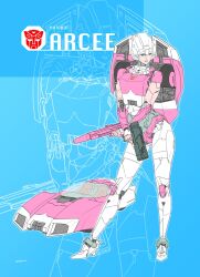 1girl alternate_form arcee autobot car commentary_request dual_wielding emblem energy_gun highres holding ikeda_kazuhiro logo looking_to_the_side mecha mecha_focus motor_vehicle no_humans ray_gun robot science_fiction transformers transformers:_generation_1 weapon