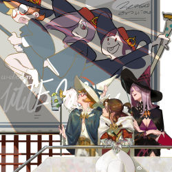 3girls absurdres aged_up billboard broom broom_riding broom_surfing buck_teeth cloak half_updo hat highres kagari_atsuko lantern little_witch_academia lotte_jansson magical_girl multiple_girls mural pointy_ears realistic sucy_manbavaran teeth wand watermark weibo_watermark white_background wizard_hat