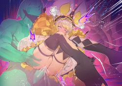 1girl 1other animal_ears artifact_lancea asymmetrical_legwear black_thighhighs blonde_hair blush checkered_clothes checkered_pillow commission cum cum_in_pussy dress duel_monster faceless frilled_hairband frills hairband hand_on_another&#039;s_thigh highres maliss_&lt;p&gt;_dormouse mouse_ears mouse_girl muscular pixiv_commission ro_g_(oowack) see-through_clothes see-through_dress sweat thigh_strap thighhighs yu-gi-oh!