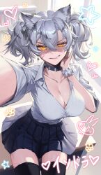 1girl absurdres animal_ear_fluff animal_ears arknights black_choker black_hair black_skirt black_thighhighs blush breasts choker classroom cleavage collarbone collared_shirt commentary commission cowboy_shot dekka desk earrings english_commentary facial_scar flower_symbol grin gyaru hair_between_eyes hand_on_own_cheek hand_on_own_face hand_up heart highres indra_(arknights) jewelry large_breasts looking_at_viewer medium_hair miniskirt multicolored_hair on_desk partially_unbuttoned pixiv_commission pleated_skirt reaching reaching_towards_viewer scar scar_on_cheek scar_on_face school_desk selfie shaded_face shirt short_sleeves sitting skirt smile solo spiked_choker spikes star_(symbol) striped_hair teeth thighhighs tiger_ears tiger_girl twintails upper_teeth_only white_hair white_shirt white_wrist_cuffs window wrist_cuffs yellow_eyes zettai_ryouiki