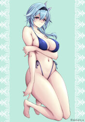 1girl absurdres aqua_background bikini blue_bikini blue_hair breasts commentary covered_erect_nipples eula_(genshin_impact) genshin_impact hair_between_eyes hair_ornament highleg highleg_bikini highres kneeling large_breasts looking_at_viewer medium_hair navel nintarou purple_eyes side-tie_bikini_bottom solo string_bikini swimsuit thong_bikini
