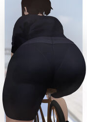 1girl ass bicycle bike_shorts black_shirt black_shorts brown_hair cameltoe from_behind huge_ass mmmmmkun original outdoors pantylines plump ponytail riding riding_bicycle shirt shorts solo thick_thighs thighs tight_clothes