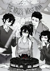 2boys 2girls absurdres aierlaobo andrew_graves annoyed ashley_graves breasts cake collared_shirt commentary confetti crossed_arms douglas_graves english_commentary family food green_eyes greyscale highres hood hoodie jacket jewelry monochrome mother&#039;s_day multiple_boys multiple_girls party_popper pendant ponytail purple_eyes renee_graves shaded_face shirt short_hair spot_color sweater the_coffin_of_andy_and_leyley
