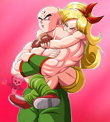Rule 34 | biting, blush, clinging, dragon ball, dragonball z, highres, lunch (bad) (dragon ball), lunch (dragon ball), neck biting, sweatdrop, tenshinhan