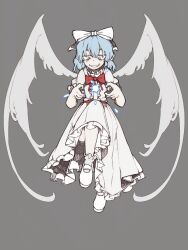 Rule 34 | 1girl, angel wings, bare arms, black bow, blonde hair, blue eyes, bolos, bow, bowtie, center frills, collared shirt, commentary, english commentary, evil grin, evil smile, feathered wings, floating, frilled shirt collar, frilled skirt, frilled sleeves, frilled socks, frills, full body, grey background, grey socks, grin, hair bow, high collar, knee up, long skirt, looking down, magic, mai (touhou), mary janes, medium hair, pleated skirt, pointy ears, puffy short sleeves, puffy sleeves, red bow, red bowtie, shirt, shoes, short sleeves, simple background, skirt, skirt set, smile, socks, solo, straight-on, touhou, touhou (pc-98), two-tone bow, white bow, white shirt, white shoes, white skirt, white wings, wings