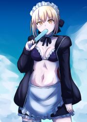 1girl apron artoria_pendragon_alter_(swimsuit_rider)_(fate) artoria_pendragon_alter_(swimsuit_rider)_(second_ascension)_(fate) artoria_pendragon_(fate) bikini black_bikini blonde_hair blush breasts commentary_request eating fate/grand_order fate_(series) female_focus food highres ice_cream jacket looking_at_viewer maid maid_bikini maid_headdress medium_breasts mouth_hold navel popsicle saber_alter senshiya short_hair solo swimsuit unconventional_maid yellow_eyes