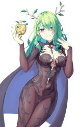 1girl absurdres antlers apple black_cape black_dress blue_cape breasts cape ceres_fauna chronopattern_dress cleavage cowboy_shot dress food fruit green_hair hashtag-only_commentary highres holding holding_food holding_fruit hololive hololive_english horns large_breasts long_hair meme_attire mole mole_under_eye rooby_n simple_background solo very_long_hair white_background yellow_eyes