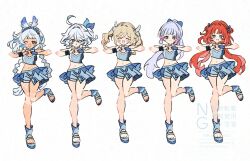 Rule 34 | 5girls, :d, :o, ahoge, alternate costume, ayaka (genshin impact), barbara (genshin impact), blonde hair, blue eyes, blue hair, blush, braid, closed eyes, full body, furina (genshin impact), genshin impact, gloves, grey eyes, hair between eyes, highres, long hair, looking at viewer, mualani (genshin impact), multiple girls, navel, nilou (genshin impact), one eye closed, open mouth, red eyes, red hair, satou (satopurin33), scrunchie, single glove, smile, standing, standing on one leg, stomach, tan, tanline, twin braids, twintails, watermark, wrist scrunchie