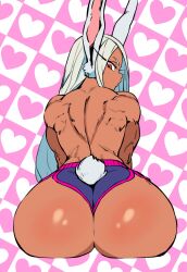 1girl animal_ears ass ass_focus back bare_back boku_no_hero_academia clothing_cutout commentary dark-skinned_female dark_skin english_commentary from_behind heart heart_background highres huge_ass long_eyelashes long_hair looking_at_viewer looking_back median_furrow micro_shorts mirko parallaxfused parted_bangs pink_trim purple_shorts rabbit_ears rabbit_girl rabbit_tail red_eyes shorts shoulder_blades sitting solo tail tail_through_clothes toned toned_female topless_female very_long_hair wedgie white_hair