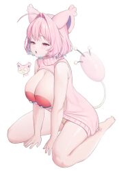 1girl absurdres ahoge animal_ears aqua_hair backwards_virgin_killer_sweater bare_arms bare_legs barefoot bob_cut breasts cat_ears cat_girl cat_tail cleavage closed_eyes colored_inner_hair commentary cosplay covered_erect_nipples feet fingernails frown gen_3_pokemon hair_intakes highres idolmaster idolmaster_cinderella_girls idolmaster_cinderella_girls_starlight_stage korean_commentary large_breasts leaning_forward legs light_blush medium_hair meme_attire multicolored_hair narrowed_eyes nintendo open_mouth p00nipooni panties pasties pink_eyes pink_hair pink_sweater pink_tail pink_theme poke_ball poke_ball_(basic) poke_ball_print pokemon simple_background sitting skitty skitty_(cosplay) sleeveless sleeveless_sweater solo sweater tail teeth thighs toes tongue tongue_out turtleneck turtleneck_sweater two-tone_hair underwear upper_teeth_only virgin_killer_sweater wariza white_background yellow_panties yumemi_riamu
