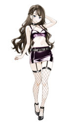1girl absurdres bare_shoulders belt black_choker black_thighhighs breasts brown_hair choker crop_top fishnet_thighhighs fishnets garter_straps grey_eyes high_heels highres long_hair looking_at_viewer miniskirt moonsorrow navel open_mouth original shorts side_slit skindentation skirt small_breasts solo standing stomach tachi-e thigh_gap thighhighs very_long_hair white_background zettai_ryouiki
