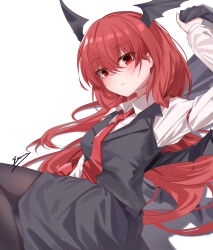 1girl absurdres bat_wings black_pantyhose black_skirt black_vest black_wings breasts collared_shirt commentary dress_shirt english_commentary eyes_visible_through_hair formal_clothes hair_between_eyes head_wings highres holding invisible_floor koakuma lapels light_blush light_smile long_hair looking_at_viewer lying medium_breasts necktie on_side pantyhose red_eyes red_hair red_necktie shadow shirt signature skirt solo top-exerou touhou very_long_hair vest waistcoat white_shirt wings