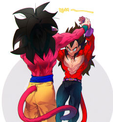 Rule 34 | black hair, blue sash, closed mouth, dougi, dragon ball, dragon ball gt, gloves, long hair, male focus, monkey boy, monkey tail, multiple boys, muscular, muscular male, ommmyoh, pants, red fur, saiyan, sash, son goku, spiked hair, super saiyan, super saiyan 4, tail, twitter username, vegeta, wristband, yellow pants