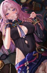 1girl absurdres armlet asymmetrical_sleeves blue_eyes blue_sarong blush bracelet braid breasts citlali_(genshin_impact) commentary covered_navel cup detached_sleeves efuri_(riarea00) facial_mark feathers fingernails floating_headgear forehead_mark genshin_impact hair_intakes headgear highres jewelry large_breasts leotard long_hair long_sleeves looking_at_viewer lying mug nail_polish necktie on_back pink_feathers pink_hair pink_pupils purple_feathers purple_leotard purple_nails purple_necktie purple_sleeves ribbed_leotard ribbed_sleeves ring_hair_ornament sarong sleeves_past_wrists solo_focus thighs triangle triangle_facial_mark uneven_sleeves usekh_collar
