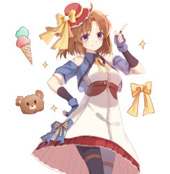 1girl anelace_elfead bare_shoulders bow brown_eyes brown_hair cropped_jacket curtained_hair detached_sleeves dress eiyuu_densetsu fingerless_gloves food gloves grin hand_on_own_hip hat hat_bow ice_cream_cone looking_at_viewer mini_hat mini_top_hat pantyhose parted_bangs short_hair simple_background smile sora_no_kiseki thighhighs top_hat white_background willfin yellow_bow