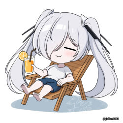 1girl alternate_costume barefoot blue_shorts blush breasts chair cinderella_(nikke) closed_eyes closed_mouth commentary cup drinking_glass food fruit gidden8888 goddess_of_victory:_nikke hair_ornament hand_up highres holding holding_cup juice large_breasts long_hair lounge_chair mixed-language_commentary orange_(fruit) orange_juice orange_slice shadow shirt short_sleeves shorts simple_background sitting smile solo tumbler_glass twintails twitter_username very_long_hair white_background white_hair white_shirt