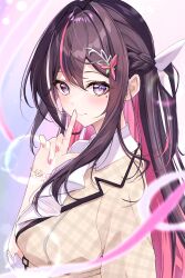 1girl ascot azki_(4th_costume)_(hololive) azki_(hololive) black_hair blurry blush braid colored_inner_hair commentary_request depth_of_field dress fingernails hair_between_eyes hair_intakes hair_ornament half_up_half_down_braid highres hololive index_finger_raised long_hair looking_at_viewer mole mole_under_eye multicolored_hair nail_polish official_alternate_costume pink_hair pink_nails pink_ribbon pink_streaks purple_eyes ribbon smile solo streaked_hair virtual_youtuber white_ascot white_dress white_streaks yuki_haru