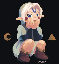 1boy absurdres black_background blue_eyes boots brown_boots commentary_request facial_mark fierce_deity green_hat hat highres link male_focus nintendo open_mouth panmimi smile solo squatting the_legend_of_zelda the_legend_of_zelda:_majora&#039;s_mask white_hair young_link