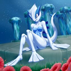 1girl aozame_takao blue_bodysuit bodysuit breasts cosplay creatures_(company) fake_tail field flower flower_field game_freak gen_2_pokemon highres latex latex_bodysuit legendary_pokemon looking_at_viewer lugia lugia_(cosplay) mask medium_breasts melody_(pokemon) nintendo pillar pokemon pokemon_(anime) pokemon_(classic_anime) pokemon_the_movie_2000:_the_power_of_one shiny_clothes sitting skin_tight solo tail two-tone_bodysuit variant_set white_bodysuit