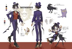 1girl animal bird black_hair brain cat colored_inner_hair crow formal_clothes full_body glasses hands_up hat high_heels highres looking_at_viewer mole mole_under_mouth momomo_906 multicolored_hair orange_hair original purple_eyes purple_suit red_vest reference_sheet short_hair sleeves_past_wrists standing suit sweater top_hat turtleneck turtleneck_sweater very_short_hair vest white_background
