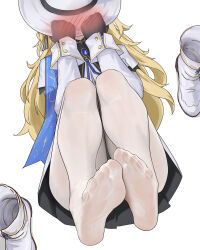 1girl absurdres black_gloves black_ribbon blonde_hair blush blush_visible_through_clothes blush_visible_through_hands boots convenient_leg covering_face embarrassed feet foot_focus from_above full_body gloves gold_trim hat highres knees_up legs long_hair lying no_shoes on_back pantyhose phoebe_(wuthering_waves) pleated_skirt ribbon sa-baaa simple_background skirt soles solo toe_seam toes unworn_boots very_long_hair white_background white_boots white_hat white_pantyhose wuthering_waves