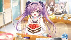 3girls apron black_bow black_scrunchie blue_apron blue_eyes blue_sailor_collar board_eraser book bow brown_apron brown_hair cake candy chalkboard checkerboard_cookie chocolate chocolate_cake chocolate_heart classroom cookie counter curtains day door egg fang film_grain food food_on_face fruit game_cg green_eyes grey_hair hair_bow hair_ornament hair_scrunchie heart heart-shaped_cake heart-shaped_food holding holding_plate ichijou_ruka icing incoming_food indoors izumi_tsubasu lens_flare long_hair looking_at_viewer measuring_cup milk_carton misaki_sango mixing_bowl multiple_girls non-web_source official_art one_eye_closed open_book open_mouth plate polka_dot polka_dot_apron purple_eyes purple_hair re:stage! sailor_collar school school_uniform scrunchie shikimiya_aone short_hair smile solo_focus sparkle spiral spoon strawberry striped_bow tile_floor tiles twintails two_side_up white_apron white_uniform window
