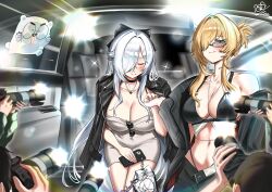 Rule 34 | 2girls, artist logo, belt, bikini, black bikini, black choker, black jacket, black pants, blonde hair, blue eyes, blush, breasts, camera, camera flash, car interior, cellphone, choker, cinderella (beautiful me) (nikke), cinderella (nikke), cleavage, closed eyes, closed mouth, commentary, dongtan dress, dress, formal clothes, goddess of victory: nikke, grave (beautiful you) (nikke), grave (nikke), grey dress, hair intakes, hair over one eye, hair up, highleg, highleg bikini, highres, holding, holding phone, ice bear, jacket, jacket on shoulders, jewelry, large breasts, logo, long hair, meme attire, multiple girls, navel, necklace, necklace between breasts, one eye covered, pants, phone, pinstripe jacket, pinstripe pattern, pinstripe suit, ponytail, short dress, short ponytail, single bare shoulder, smartphone, smile, suit, swimsuit, symbol-only commentary, very long hair, white hair