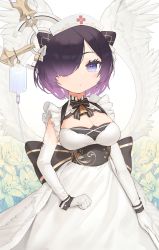 1girl :c azur_lane bell black_bow black_bowtie black_wrist_cuffs blush bow bowtie breasts cleavage cleavage_cutout clothing_cutout cone_hair_bun double_bun dress elbow_gloves feathered_wings flower gloves gold_bowtie hair_bun hair_over_one_eye hat highres intravenous_drip jervis_(azur_lane) looking_at_viewer medium_breasts multicolored_bow multicolored_bowtie neck_bell nurse_cap short_hair solo two-tone_bow two-tone_bowtie upper_body white_dress white_gloves wings wrist_cuffs yohia