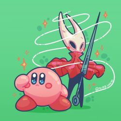 aimaay artist_name cloak commentary english_commentary highres hollow_knight hollow_knight:_silksong hornet_(hollow_knight) kirby kirby_(series) needle_(hollow_knight) nintendo red_cloak shadow star_(symbol)